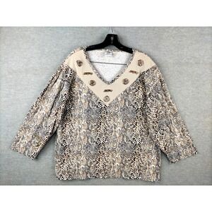 Cesucci Womens Shirt Medium Neutral Snakeskin V Neck Art To Wear Retro Glam